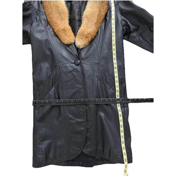 Vintage Black Leather Coat Real Fur Collar Cuffs Womens Made in Korea Sz L